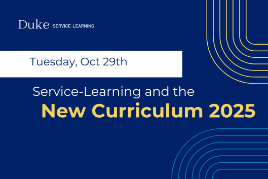 dark blue background with yellow text promoting an event called service-learning and the new curriculum 2025